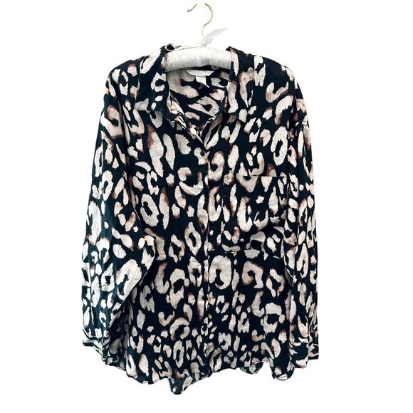 H&M | Linen Blouse Black Tan Leopard Print Long Sleeve Top | XXL - Picture 1 of 7